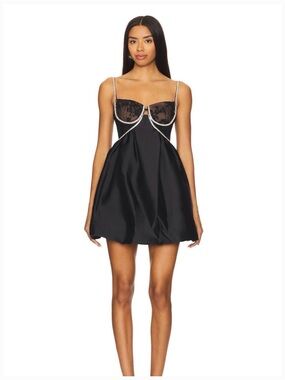 NWT Self Portrait Black Lace Bustier Satin Mini Dress with Rhinestone Straps